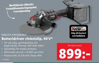Lidl Batteridriven vinkelslip, 40 V* erbjuda
