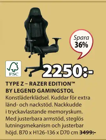 JYSK TYPE Z – RAZER EDITION BY LEGEND GAMINGSTOL erbjuda