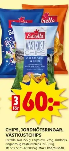ICA Kvantum CHIPS, JORDNÖTSRINGAR, VÄSTKUSTCHIPS erbjuda