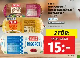 Lidl Felix Risgrynsgröt/ Ärtsoppa med fläsk/ Bruna bönor erbjuda