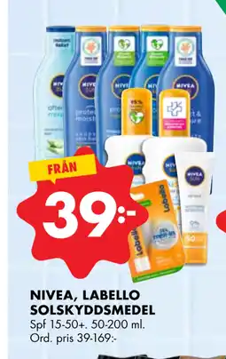 ÖoB NIVEA, LABELLO SOLSKYDDSMEDEL erbjuda