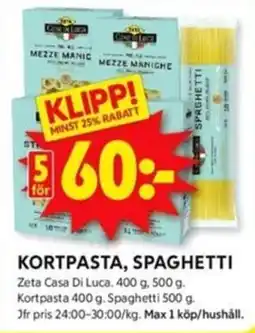 ICA Kvantum KORTPASTA, SPAGHETTI erbjuda