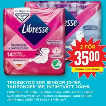 Willys Trosskydd 30p, bindor 10-16p, tamponger 16p, intimtvätt 200ml erbjuda