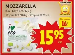 ICA Kvantum MOZZARELLA ICA I Love Eco. 125 g. erbjuda