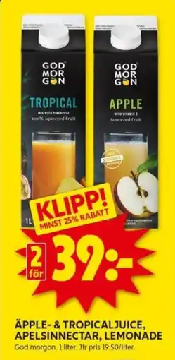 ICA Kvantum ÄPPLE- & TROPICAL JUICE, APELSINNECTAR, LEMONADE erbjuda