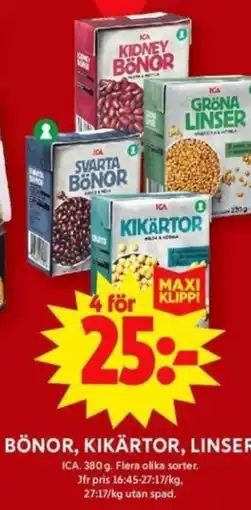 ICA Maxi BÖNOR, KIKÄRTOR, LINSER erbjuda