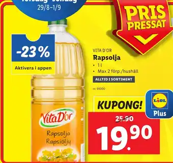 Lidl VITA D'OR Rapsolja erbjuda