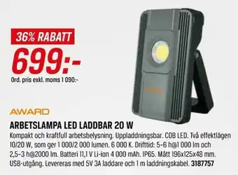Award Arbetslampa LED Laddbar 20 W