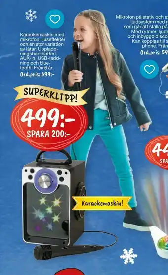 Leklust Karaokemaskin med mikrofon, ljuseffekter och en stor variation av låtar. erbjuda