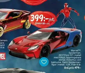 Marvel™. Spiderman. 2017 Ford GT i metall med frihjul, öppningsbara dörrar, motorhuv och baklucka. Samt Spiderman.