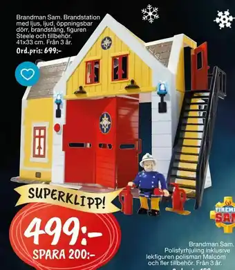 Leklust Brandman Sam. Brandstation med ljus, ljud, öppningsbar. dörr, brandstång, figuren erbjuda
