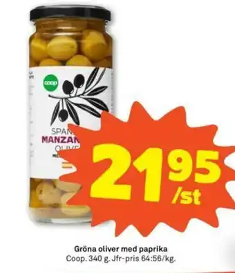 Coop Forum Coop Gröna oliver med paprika 340g erbjuda