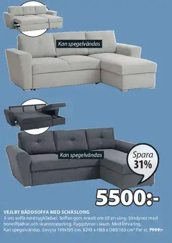 JYSK Vejlby Bäddsoffa Med Schäslong Sovyta 149x195cm B243 x H86 x D89/163 cm erbjuda