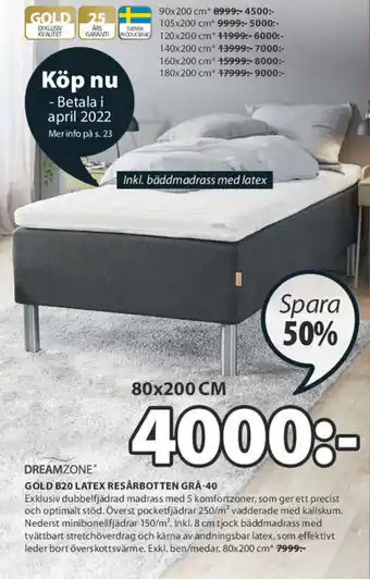 JYSK Dreamzone Gold B20 Latex Resårbotten Grå-40 80x200 cm erbjuda