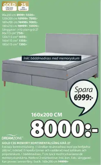 JYSK Dreamzone Gold C35 Memory Kontinentalsäng Grå-27 160x200 cm erbjuda
