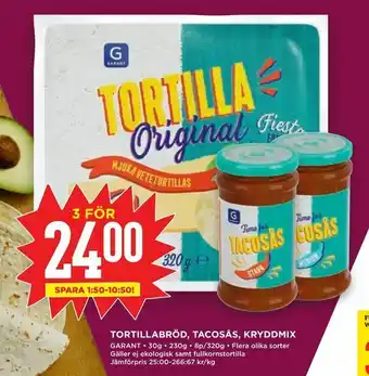 Willys Tortillabröd, tacosås, kryddmix erbjuda