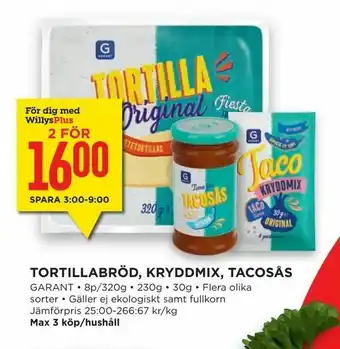 Willys Hemma Tortillabröd, kryddmix, tacosås erbjuda