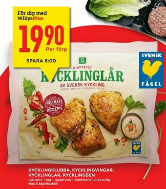 Willys Hemma Kycklingklubba, kycklingvingar, kycklinglår, kycklingben erbjuda