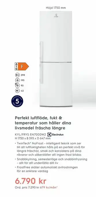 Electrolux Home Kyl/frys en7000w2 h 1750 x b 595 x d 647 mm. erbjuda