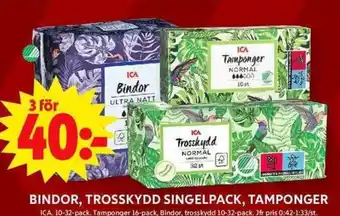 ICA Maxi Bindor, trosskydd singelpack, tamponger erbjuda