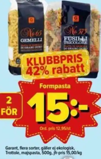 Östenssons Garant Flera Sorter, Gäller ej Ekologisk, Trottole, Majspasta 500g erbjuda