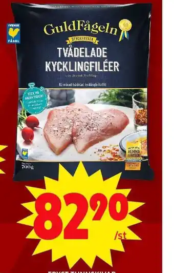 ICA Maxi Fryst tunnskivad, tvådelad kycklingfilé erbjuda