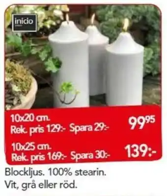 Inicio Blockljus 100% stearin Vit, grå eller röd 10x20 cm