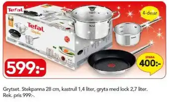 Bo Ohlsson Tefal Grytset Stekpanna 28 cm, kastrull 1,4 liter, gryta med lock 2,7 liter 4-delar erbjuda