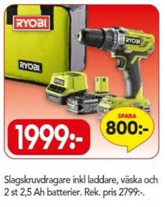 Ryobi Slagskruvdragare inkl laddare, väska och 2 st 2,5 Ah batterier