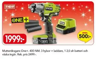 Ryobi Mutterdragare One+. 400 nm. 3 hylsor + laddare, 1 2,0 ah batteri och väska ingår