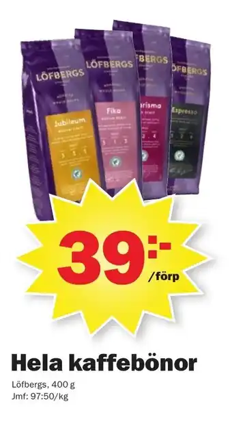Pekås Löfbergs Hela kaffebönor 400g erbjuda