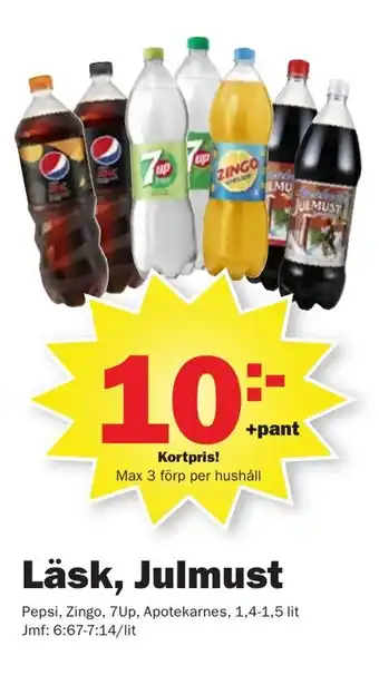Pekås Pepso, Zingo, 7Up, Apotekarnes Läsk, Julmust 1,4-1,5 lit erbjuda