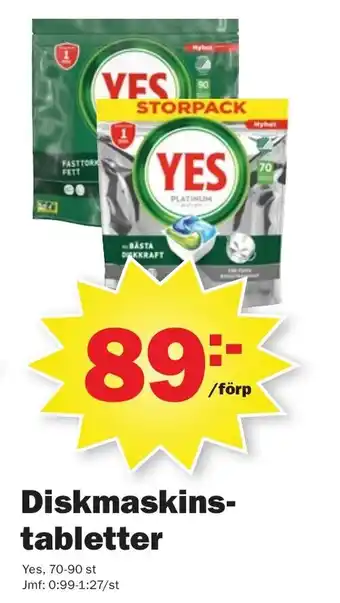 Pekås Yes Diskmaskinstabletter 70-90 st erbjuda