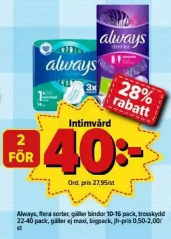 Östenssons Always Intimvård Gäller bindor 10-16 pack erbjuda