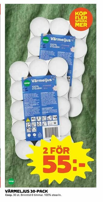 Coop Extra Värmeljus 30-pack erbjuda