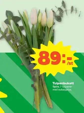 Stora Coop Tulpanbukett Spira. 7 tulpaner med eukalyptus. erbjuda