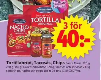 ICA Supermarket Tortillabröd, Tacosås, Chips SANTA MARIA erbjuda