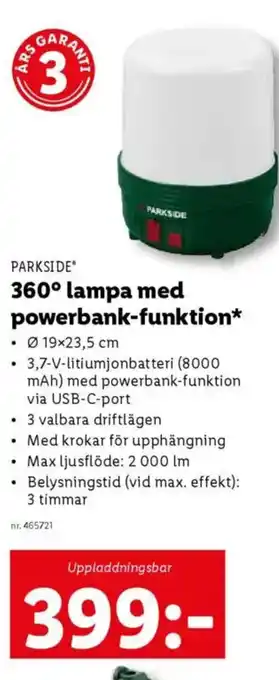 Lidl PARKSIDE 360° lampa med powerbank-funktion erbjuda