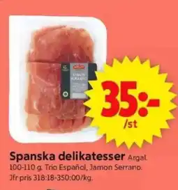 ICA Supermarket Spanska delikatesser Argal. 100-110 g. Trio Español, Jamon Serrano. Jfr pris 318:18-350:00/kg. erbjuda