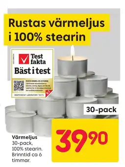 Rusta Värmeljus 30-pack, 100% stearin. Brinntid ca 6 timmar. erbjuda