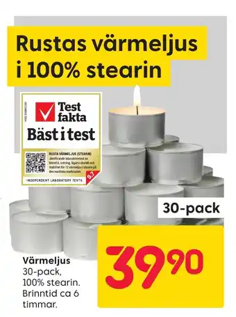 Rusta Värmeljus 30-pack, 100% stearin. Brinntid ca 6 timmar. erbjuda