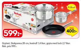 Tefal Grytset Stekpanna 28 cm, Kastrull 1,4 liter, gryta med lock 2,7 liter 4-delar