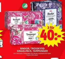 ICA Maxi Bindor, trosskydd singelpack, tamponger erbjuda