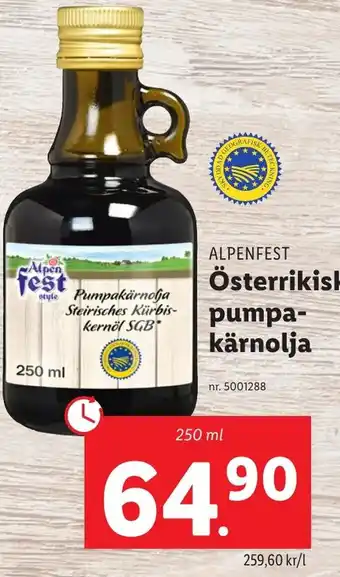 Lidl ALPENFEST Österrikisk pumpa- kärnolja erbjuda