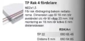 Rinkaby Rör TP Rak 4 fördelare M22x1,5 erbjuda