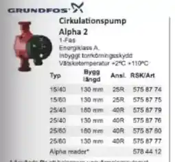 Rinkaby Rör GRUNDFOS Cirkulationspump Alpha 2 erbjuda