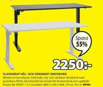 JYSK Slangerup Höj - Och Sänkbart Skrivbord B80 x L160 x H68-119cm erbjuda