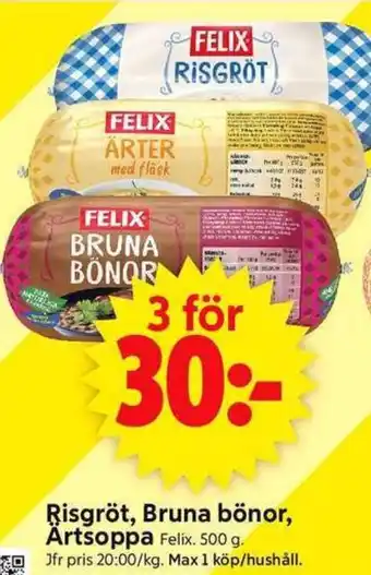 ICA Supermarket Risgröt, Bruna bönor, Ärtsoppa erbjuda