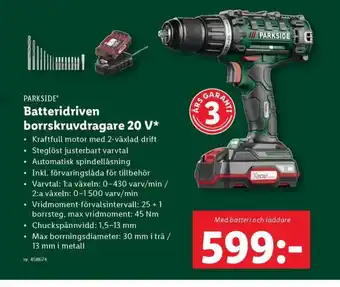 Lidl PARKSIDE Batteridriven borrskruvdragare 20 V* erbjuda