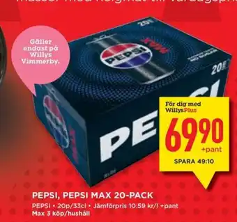 Willys Pepsi, pepsi max 20-pack erbjuda